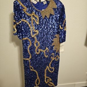 NWT. Vintage Lawrence Kazar Blue & Gold Sequin Dress.  1X.
